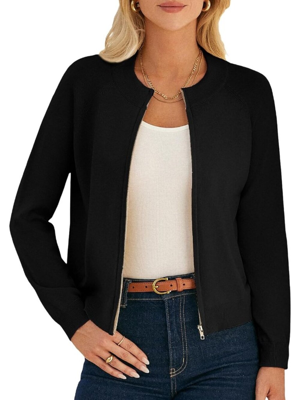 〽️Women's Black Long Sleeve Zip Up Cardigan Lightweight Knitted Sweater Jacket
